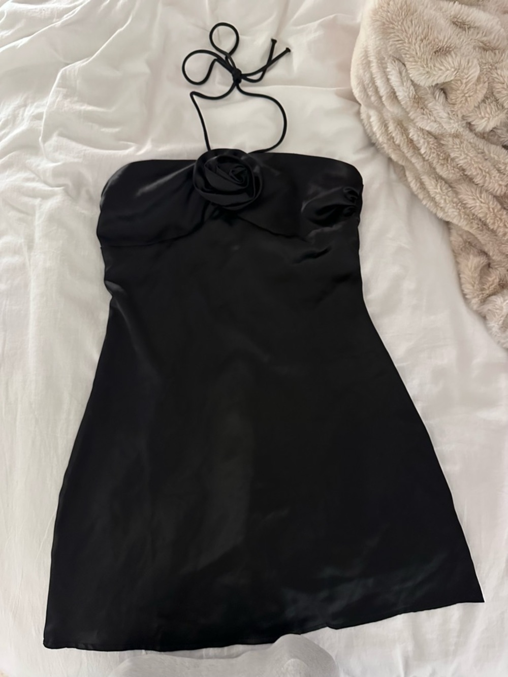 Black Satin Halter Mini Dress (Size S)